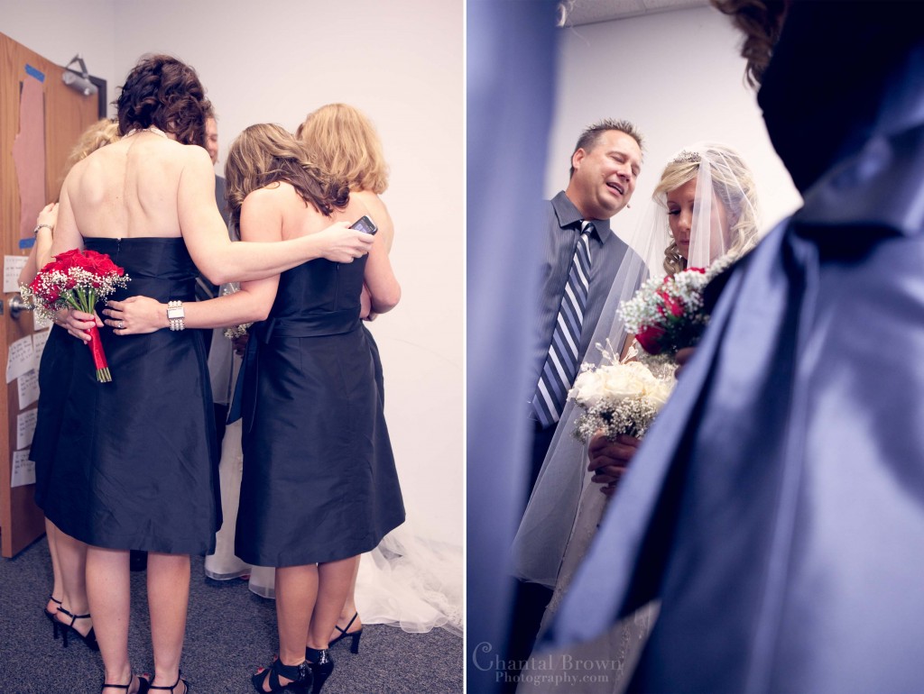 Waters Edge Church Frisco Wedding Prayer bride priest and bridesmaid saying pray before wedding ceremony