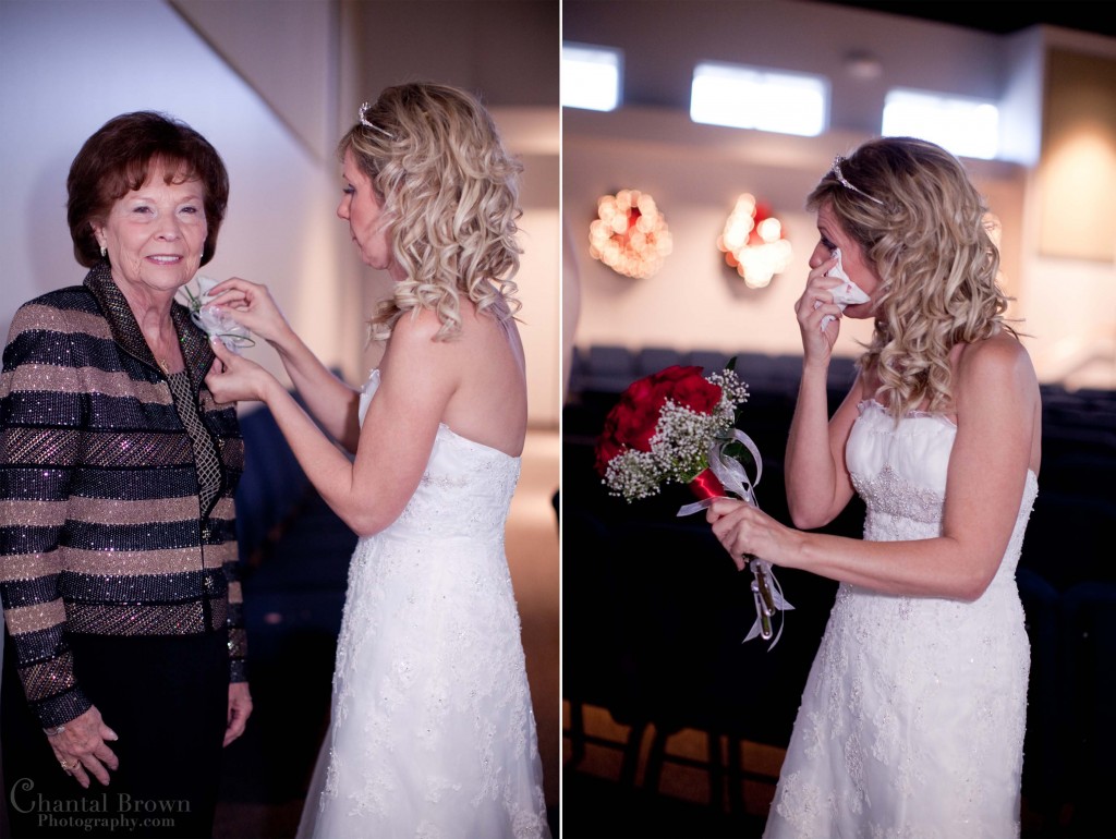 Waters Edge Church in Frisco bride putting boutonniere on mother before wedding ceremony