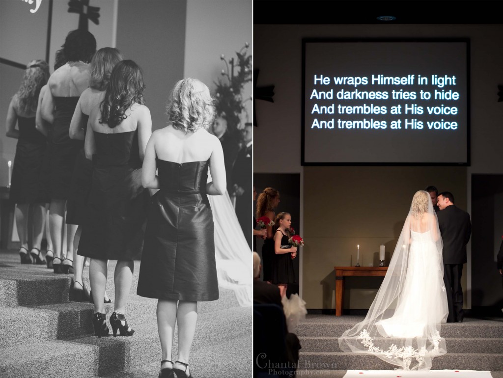 Waters Edge Church Wedding Ceremony bride and groom getting marry in Frisco with bridesmaids standing