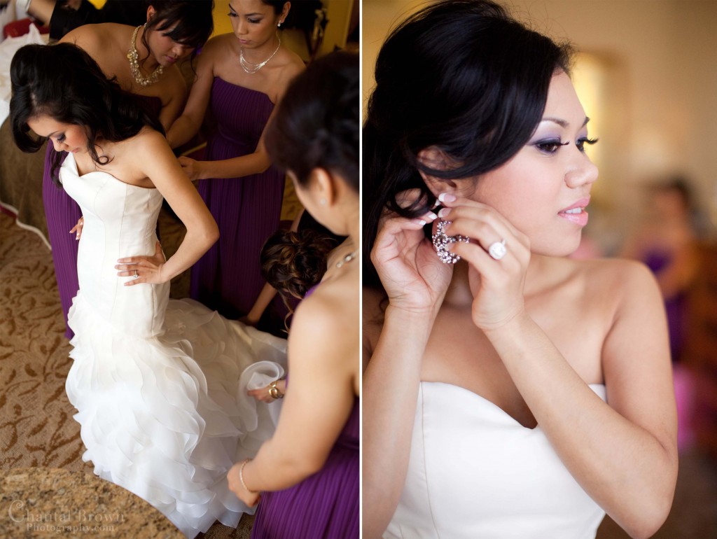 bride putting on Stardust Celebration wedding dress and diamond earrings in Fairmont Hotel bride putting on Stardust Celebration wedding dress and diamond earrings in Fairmont Hotel