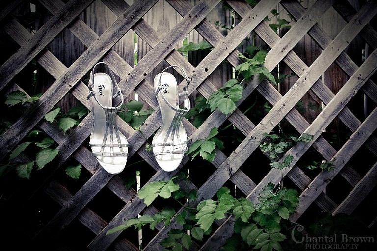 wedding shoes on green vines at Grey Stone Wedding Chapel in Lawton Oklahoma