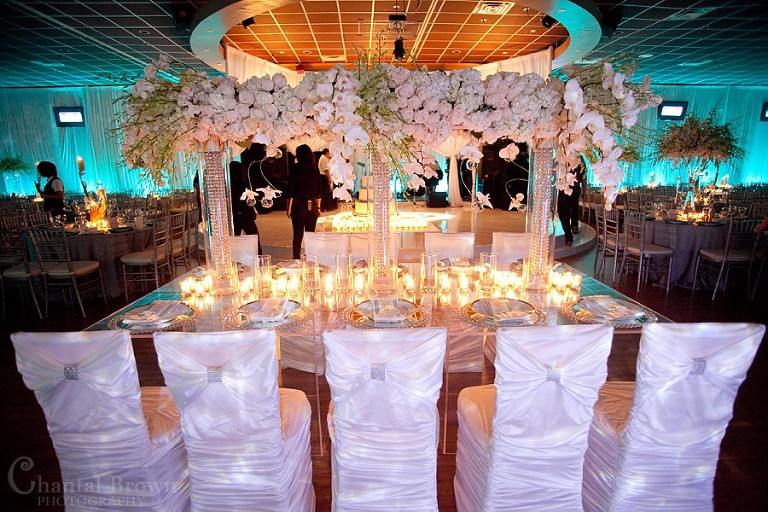 Dallas wedding reception beautiful detailed diamond crystal white roses centerpieces