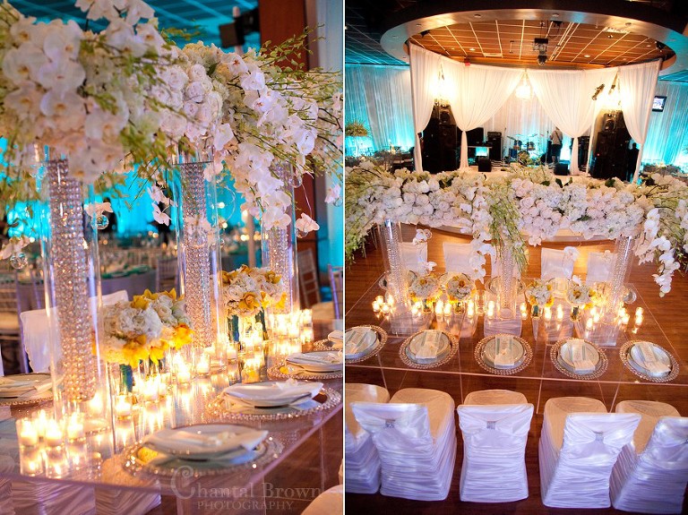 Dallas wedding reception beautiful detailed diamond crystal white roses centerpieces