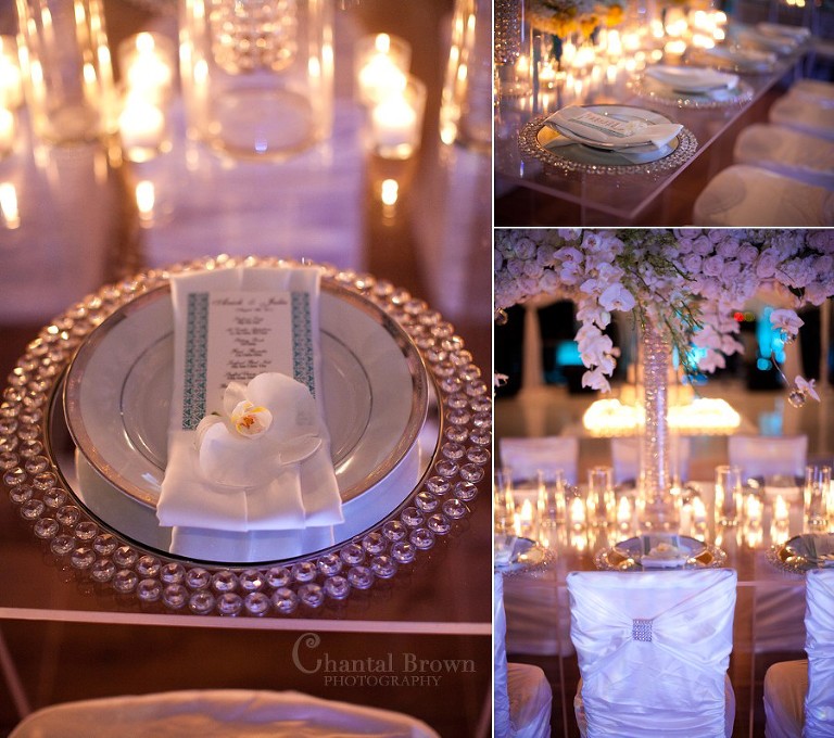 Dallas wedding reception beautiful detailed diamond crystal white roses centerpieces