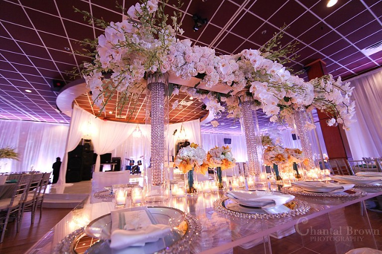 Dallas wedding reception beautiful detailed diamond crystal white roses centerpieces