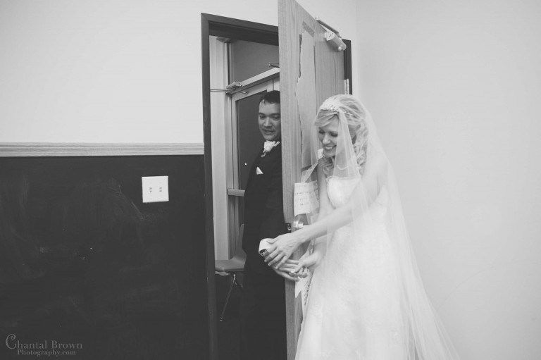 bride and groom cannot see each other but with touch and sound