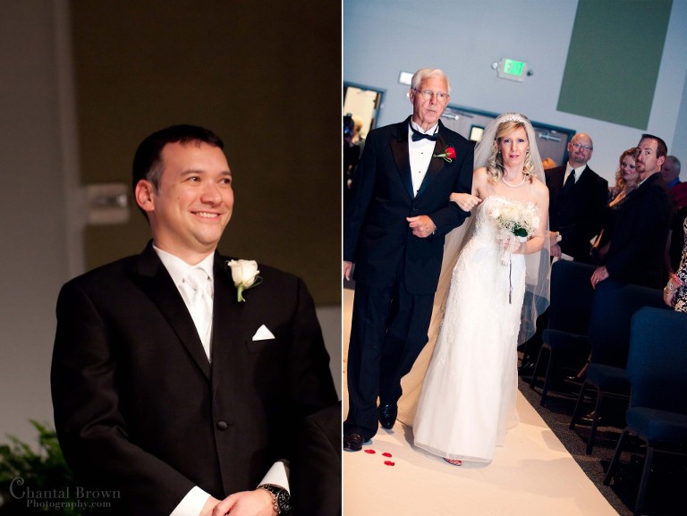 Waters Edge Church father walking bride down the aisle wedding ceremony groom very happy to see bride the first time