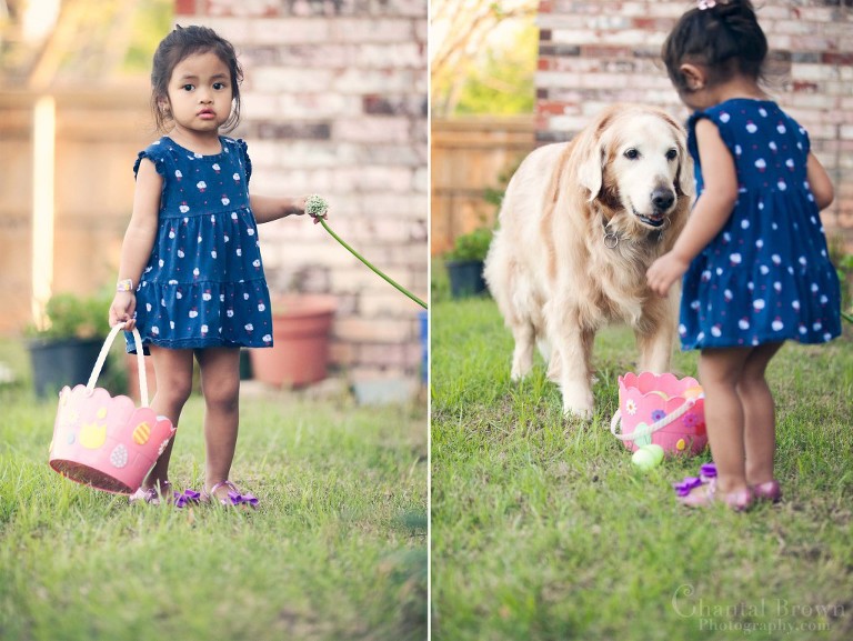 Little-girl-holding-basket-full-of-eggs-dog-wanting-Lawton-OK