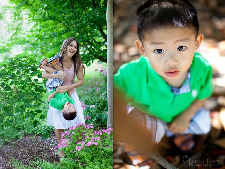 Mom playing with son at Dallas Arboretum in flower garden