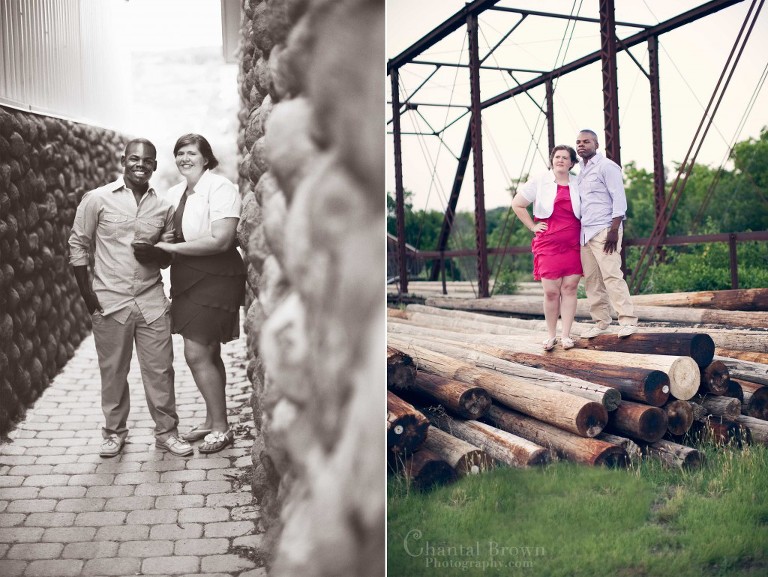 Engagement couple standing on logs cobblestone in Medicine Park by railway in Lawton Oklahoma photography