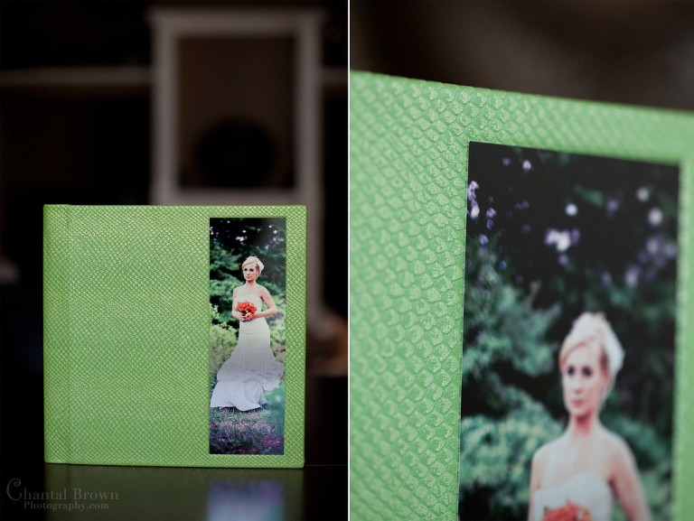 Green printed material flush mount wedding album with metal cameo in Lawton Oklahoma