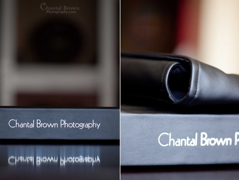 Fine black leather wedding album with imprint name on bind and leather slip cover in Dallas