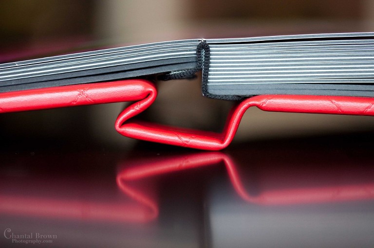 Fine red leather wedding album split binding with UV coated photographic prints mounted in Dallas
