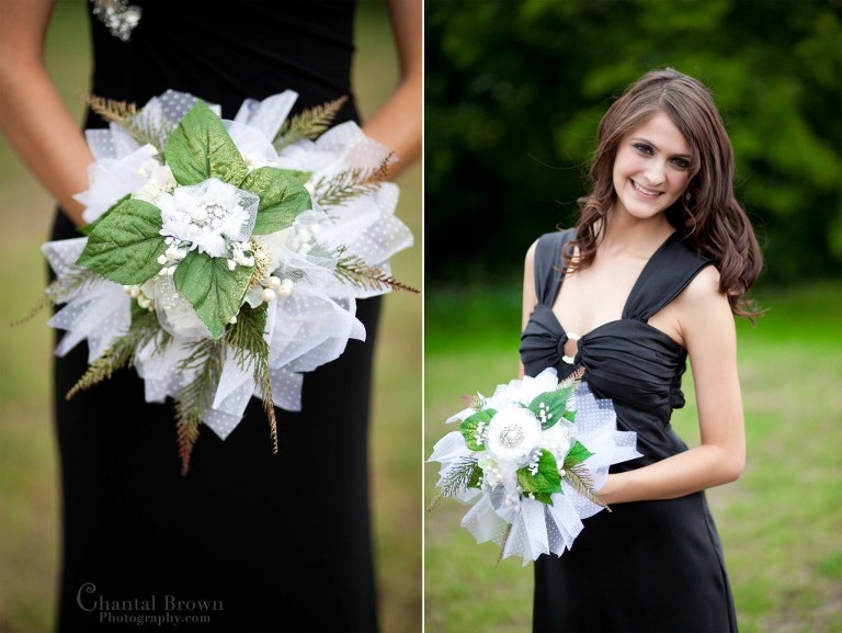 bridesmaid in black dress holding brooch bouquet