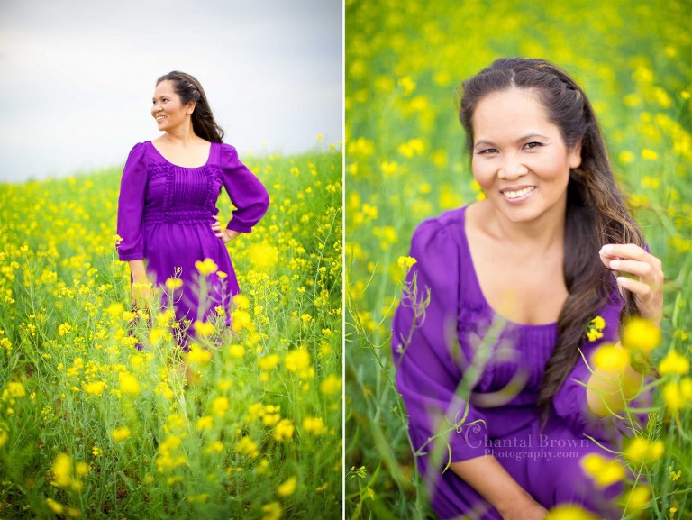 Lovely mother in purple dress portrait in yellow canola flower fields in Lawton Oklahoma