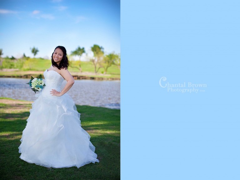 Gorgeous bridal portrait at lawton country club golf course in oklahoma wearing alfred angelo wedding dress holding white and blue flower bouquet