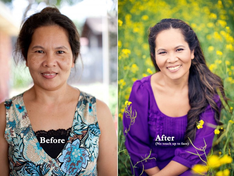 Before and After portrait with and without makeup see the difference in Canola flower fields in Lawton Oklahoma