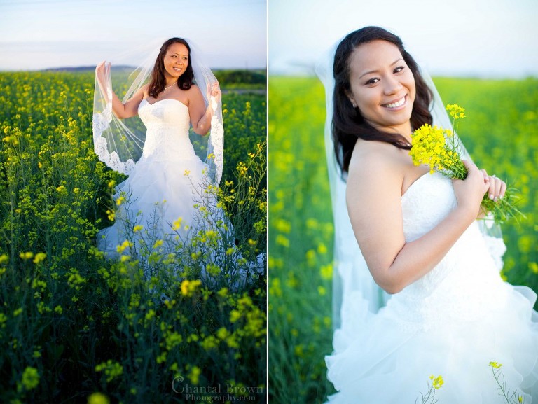 pretty bridal portrait in Alfred Angelo wedding dress holding yellow flowers bouquet in Lawton Oklahoma canola fields