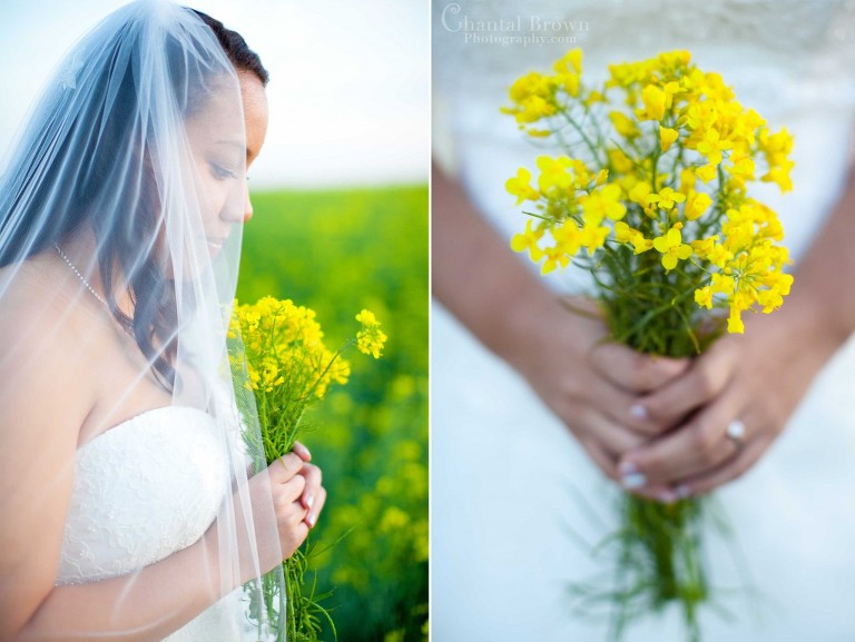 lovely bride holding beautiful yellow bouquet flowers in canola field in Lawton Oklahoma