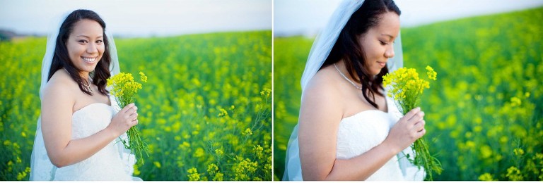 lovely bridal portrait holding yellow bouquet in lawton ok canola flower fields in Alfred Angelo white wedding dress
