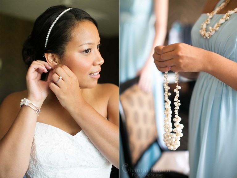 bride putting on earrings and necklace Lawton country club golf course wedding in Oklahoma