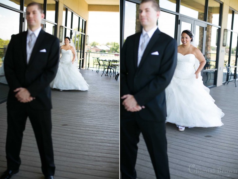 First Look bride walking to see groom for the first time in Lawton Country Club Golf Course wedding Oklahoma