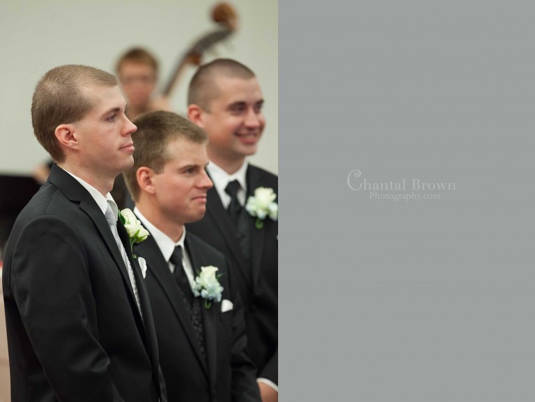 groom emotionally waiting as bride walking down the aisle wedding ceremony at New Light United Methodist Church in Lawton Oklahoma