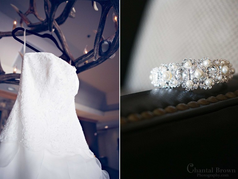 Wedding dress created by Alfred Angelo hung on antlers chandleirs and diamond bracelet in Lawton Country Club Oklahoma