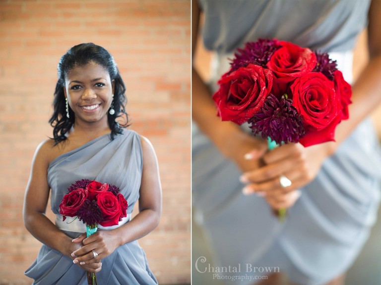 bridesmaid gray wedding dress holding red rose boutique at Dallas Filter Building