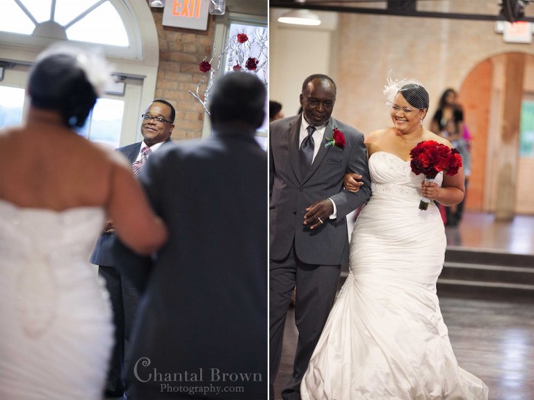 Emotional groom watching bride walking down aisle father Dallas Filter building ceremony