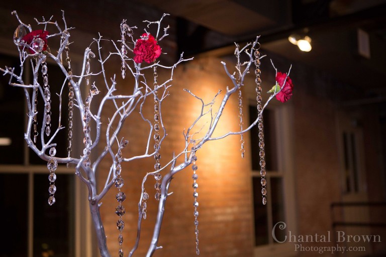 Silver tree centerpieces with red rose, crystal diamond beads by Timeless Fiori