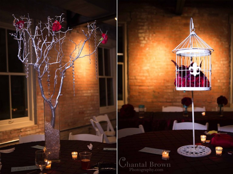 Wedding silver tree bird cage centerpieces with red rose crystal diamond beads by Timeless Fiori at Dallas Filter Building