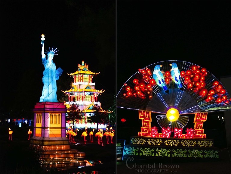 Colorful lights of Statue of Liberty and birds at Chinese Lantern Festival in Dallas Fair Park Photographer