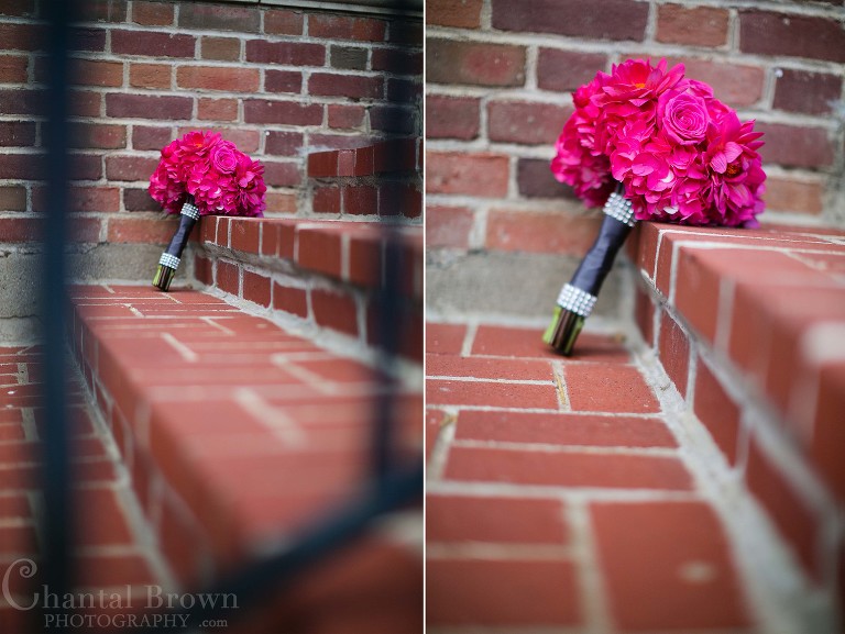 Pink bouquet bride flowers on stairways by rail at Royal Lane Church Dallas Wedding Photographer