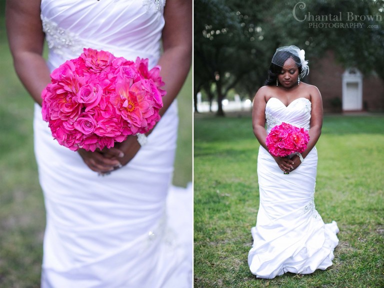 bride holding pink bouquet flowers by Timeless Fiori wearing Terry Costa by Allure Bridal mermaid wedding gown outside of Royal Lane Church ceremony in Dallas Photographer