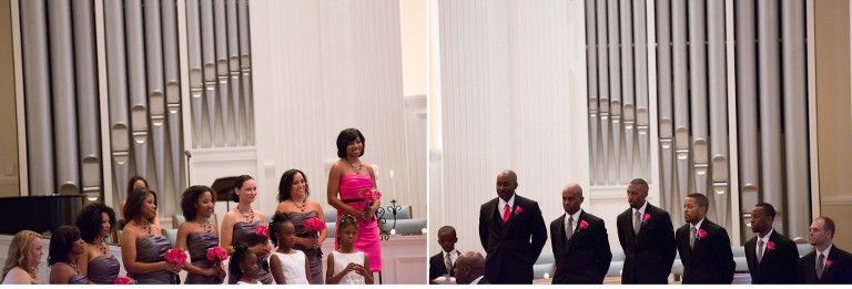 bridesmaid and groomsmen watching the bride walking down the aisle at Royal Lane Church Wedding Ceremony in Dallas Wedding Photographer