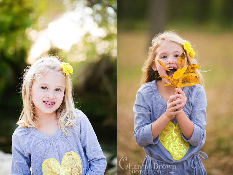 Children portrait photography at Breckinridge Park in Richardson holding yellow fall leaves and smiling with cute braces