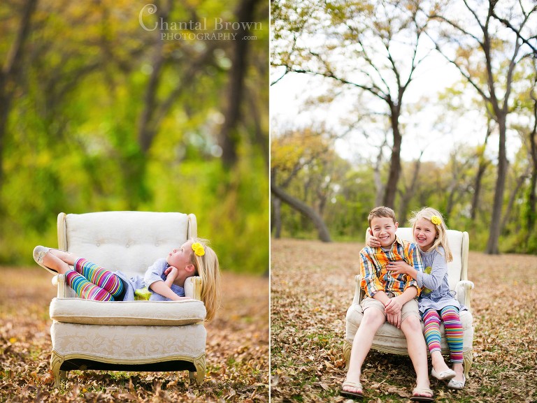 Breckinridge Park in Richardson Texas children setting in old chair surrounded by beautiful autumn fall leave colors