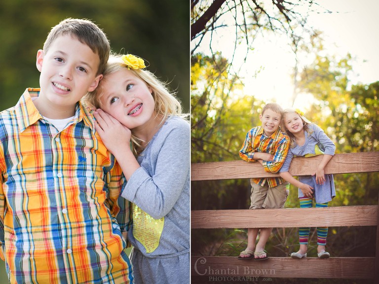 Breckinridge Park in Richardson Texas children smiling hugging setting on old barn brown fence sunset with beautiful autumn fall leave colors