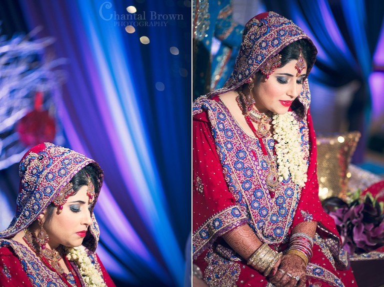 Indian wedding traditional ceremony with gorgeous blue light background bride wearing red embroidery silk sari wedding dress at Marriott Renaissance hotel Richardson Texas photography