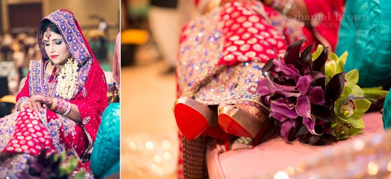 Bride setting ceremony close to purple tulips bouquet and bright colors fabric in red embroidery fabric sari in Marriott Renaissance hotel in Richardson Texas wedding
