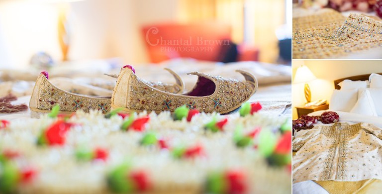 Indian wedding detail pictures of white flowers lei garland and shoes in Marriott Renaissance hotel Richardson Texas photography