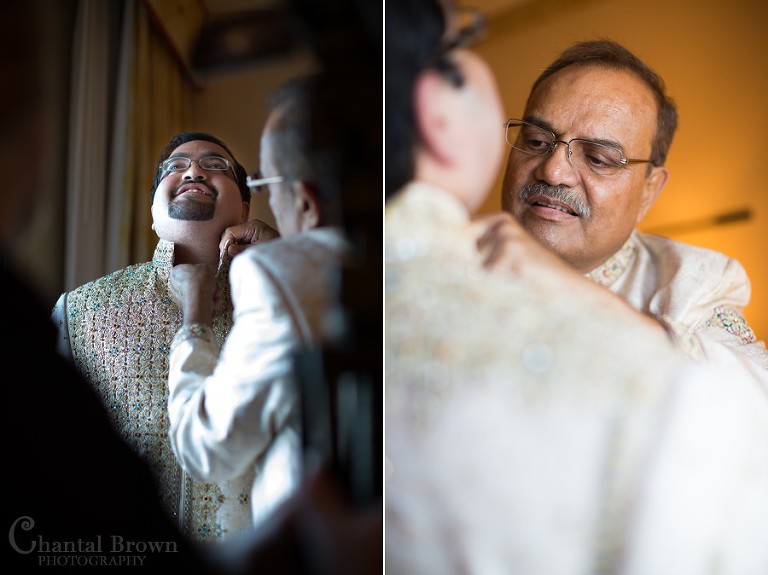 Groom getting ready with father helping wearing Achkan and Sherwani at Marriott Renaissance hotel Richardson Texas photography