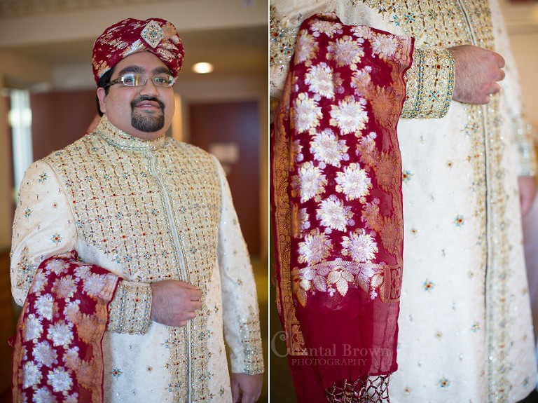 Indian wedding groom getting ready wearing red Achkan and Sherwani at Marriott Renaissance hotel in Richardson Texas
