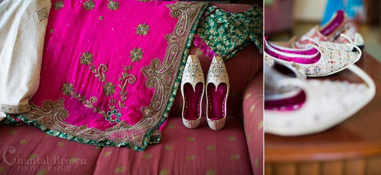 Detail pictures of traditional Indian wedding red shoes, turban pagri and red sari wedding dress in Marriott Renaissance hotel Richardson Texas photography