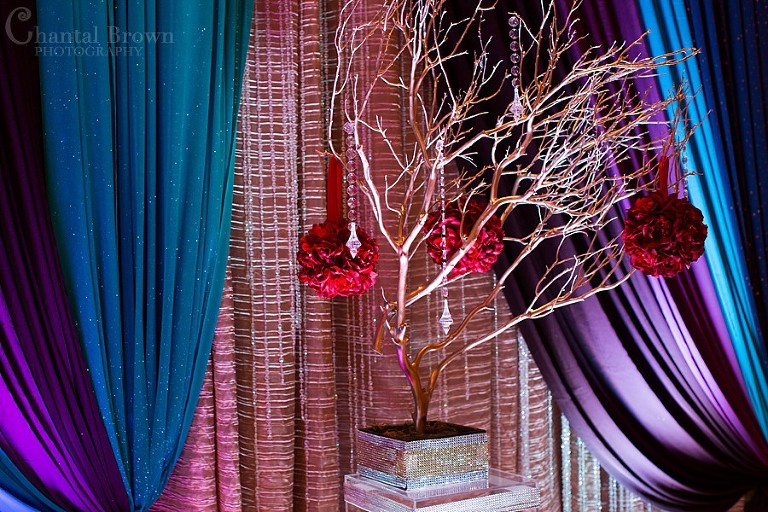Brown branch tree centerpieces with balls of red roses blue purple drapes Indian wedding at Marriott Renaissance hotel in Richardson Texas