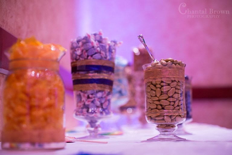 Colorful bright candies for wedding reception decorations at Marriott Renaissance hotel in Richardson Texas
