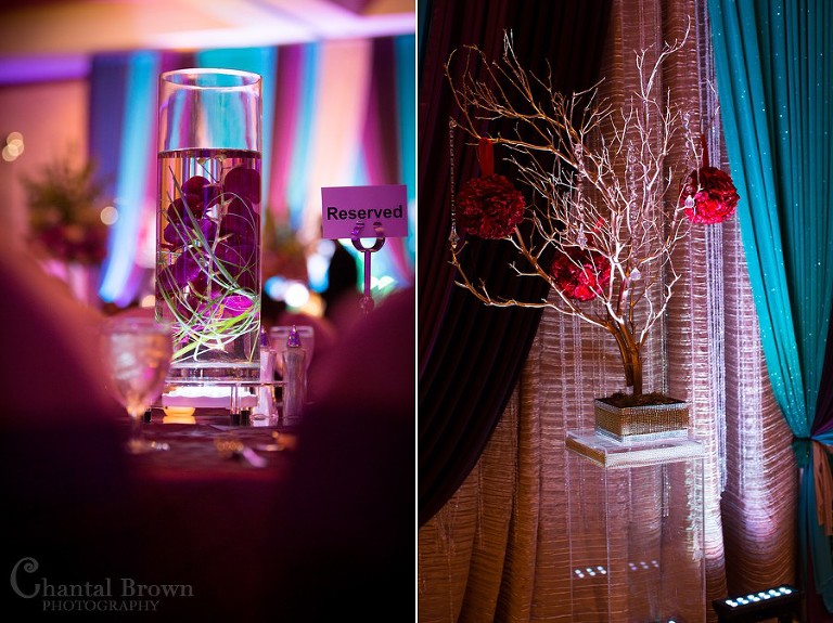 Brown branch tree centerpieces with balls of red roses blue purple drapes Indian wedding at Marriott Renaissance hotel in Richardson Texas
