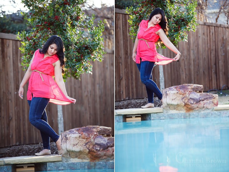 richardson senior pictures standing by blue pool dancing