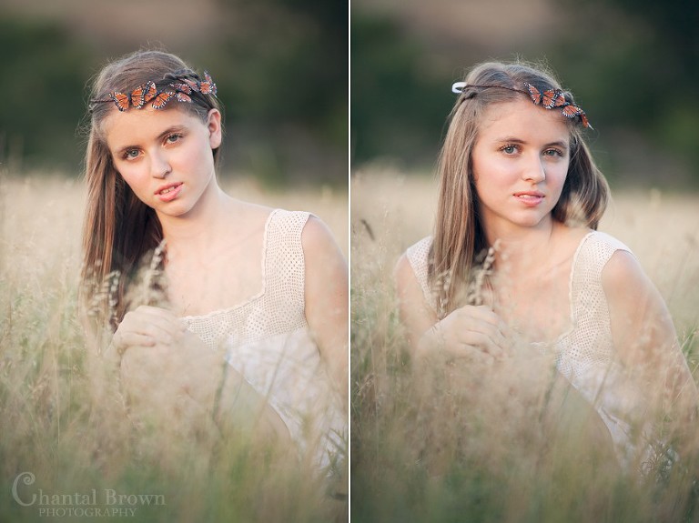 dallas senior photography in grass field wearing butterflies band